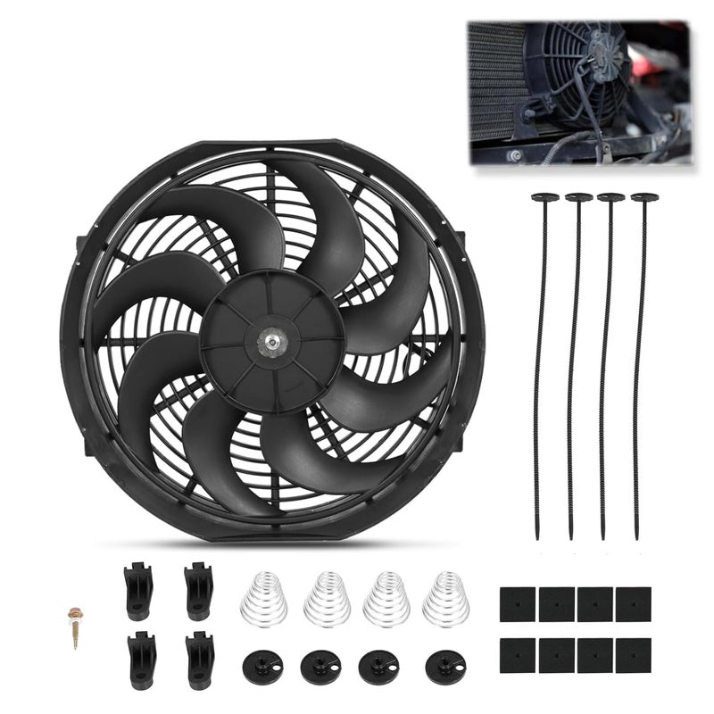 BETTERCLOUD Universal 14 Inch Black Slim Radiator Cooling Fan 12V 90W Push Pull with Mount Kit – Fits Radiators for Vehicles, Cars, Trucks - Image 1